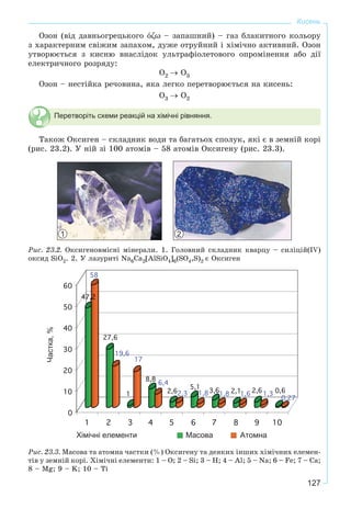 127
Кисень
Îçîí (âіä äàâíüîãðåöüêîãî όζω – çàïàøíèé) – ãàç áëàêèòíîãî êîëüîðó
ç õàðàêòåðíèì ñâіæèì çàïàõîì, äóæå îòðóéíèé і õіìі÷íî àêòèâíèé. Îçîí
óòâîðþєòüñÿ ç êèñíþ âíàñëіäîê óëüòðàôіîëåòîâîãî îïðîìіíåííÿ àáî äії
åëåêòðè÷íîãî ðîçðÿäó:
Î2 → Î3
Îçîí – íåñòіéêà ðå÷îâèíà, ÿêà ëåãêî ïåðåòâîðþєòüñÿ íà êèñåíü:
Î3 → Î2
Перетворіть схеми реакцій на хімічні рівняння.
Òàêîæ Îêñèãåí – ñêëàäíèê âîäè òà áàãàòüîõ ñïîëóê, ÿêі є â çåìíіé êîðі
(ðèñ. 23.2). Ó íіé çі 100 àòîìіâ – 58 àòîìіâ Îêñèãåíó (ðèñ. 23.3).
Ðèñ. 23.2. Îêñèãåíîâìіñíі ìіíåðàëè. 1. Ãîëîâíèé ñêëàäíèê êâàðöó – ñèëіöіé(IV)
îêñèä SiO2. 2. Ó ëàçóðèòі Na6Ca2[AlSiO4]6(SO4,S)2 є Îêñèãåí
Хімічні елементи Масова Атомна
Частка,%
Ðèñ. 23.3. Ìàñîâà òà àòîìíà ÷àñòêè (%) Îêñèãåíó òà äåÿêèõ іíøèõ õіìі÷íèõ åëåìåí-
òіâ ó çåìíіé êîðі. Õіìі÷íі åëåìåíòè: 1 – O; 2 – Si; 3 – H; 4 – Al; 5 – Na; 6 – Fe; 7 – Ca;
8 – Mg; 9 – K; 10 – Ti
21
 