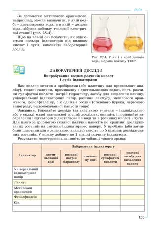 155
Вода
Çà äîïîìîãîþ ìåòèëîâîãî îðàíæåâîãî,
íàïðèêëàä, ìîæíà âèçíà÷èòè, ó ÿêіé êîë-
áі – äèñòèëüîâàíà âîäà, à â ÿêіé – äîùîâà
âîäà, çіáðàíà ïîáëèçó òåïëîâîї åëåêòðè÷-
íîї ñòàíöії (ðèñ. 28.4).
Ùîá íà âëàñíі î÷і ïîáà÷èòè, ÿê çìіíþ-
þòüñÿ êîëüîðè іíäèêàòîðіâ ïіä âïëèâîì
êèñëîò і ëóãіâ, âèêîíàéòå ëàáîðàòîðíèé
äîñëіä.
ËÀÁÎÐÀÒÎÐÍÈÉ ÄÎÑËІÄ 5
Âèïðîáóâàííÿ âîäíèõ ðîç÷èíіâ êèñëîò
і ëóãіâ іíäèêàòîðàìè
Âàì âèäàíî øòàòèâ ç ïðîáіðêàìè (àáî ïëàñòèíó äëÿ êðàïåëüíîãî àíà-
ëіçó), ñêëÿíі ïàëè÷êè, ïðîìèâàëêó ç äèñòèëüîâàíîþ âîäîþ, îöåò, ðîç÷è-
íè ñóëüôàòíîї êèñëîòè, íàòðіé ãіäðîêñèäó, çàñîáó äëÿ âèäàëåííÿ íàêèïó,
óíіâåðñàëüíèé іíäèêàòîðíèé ïàïіð, ðîç÷èíè ëàêìóñó, ìåòèëîâîãî îðàí-
æåâîãî, ôåíîëôòàëåїíó, ñіê îäíієї ç ðîñëèí (ñòîëîâîãî áóðÿêà, ÷åðâîíîãî
âèíîãðàäó, ÷åðâîíîêà÷àííîї êàïóñòè òîùî).
Çàâäàííÿ. Âèêîíàéòå äîñëіäè (çà âêàçіâêîþ â÷èòåëÿ – іíäèâіäóàëüíî
àáî ó ñêëàäі ìàëîї íàâ÷àëüíîї ãðóïè): äîñëіäіòü, îïèøіòü і ïîðіâíÿéòå çà-
áàðâëåííÿ іíäèêàòîðіâ ó äèñòèëüîâàíіé âîäі òà â ðîç÷èíàõ êèñëîò і ëóãіâ.
Äëÿ öüîãî çà äîïîìîãîþ ñêëÿíîї ïàëè÷êè íàíåñіòü ïî êðàïëèíі äîñëіäæó-
âàíèõ ðîç÷èíіâ íà ñìóæêè іíäèêàòîðíîãî ïàïåðó. Ó ïðîáіðêè (àáî çàãëè-
áèíè ïëàñòèíè äëÿ êðàïåëüíîãî àíàëіçó) âíåñіòü ïî 5 êðàïåëü äîñëіäæóâà-
íèõ ðîç÷èíіâ. Ó êîæíó äîáàâòå ïî 1 êðàïëі ðîç÷èíó іíäèêàòîðà.
Ðåçóëüòàòè ñïîñòåðåæåíü çàïèøіòü äî òàáëèöі òàêîãî çðàçêà:
Іíäèêàòîð
Çàáàðâëåííÿ іíäèêàòîðà ó
äèñòè-
ëüîâàíіé
âîäі
ðîç÷èíі
íàòðіé
ãіäðîêñèäó
ñòîëîâî-
ìó îöòі
ðîç÷èíі
ñóëüôàòíîї
êèñëîòè
ðîç÷èíі
çàñîáó äëÿ
âèäàëåííÿ
íàêèïó
Óíіâåðñàëüíèé
іíäèêàòîðíèé
ïàïіð
Ëàêìóñ
Ìåòèëîâèé
îðàíæåâèé
Ôåíîëôòàëåїí
Ñіê
Ðèñ. 28.4. Ó ÿêіé ç êîëá äîùîâà
âîäà, çіáðàíà ïîáëèçó ÒÅÑ?
 