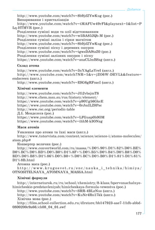 177
Додаток
http://www.youtube.com/watch?v=8b9jdZYwKug (ðîñ.)
Âèïàðþâàííÿ і êðèñòàëіçàöіÿ
http://www.youtube.com/watch?v=tMAFUw49rFI&playnext=1&list=P
Lq-HTMVR (ðîñ.)
Ðîçäіëåííÿ ñóìіøі âîäè òà îëії âіäñòîþâàííÿì
http://www.youtube.com/watch?v=w5BA852Qb-M (ðîñ.)
Ðîçäіëåííÿ ñóìіøі çàëіçà і ñіðêè ìàãíіòîì
http://www.youtube.com/watch?v=8b9jdZYwKug (ðîñ.)
Ðîçäіëåííÿ ñóìіøі ïіñêó і äåðåâíèõ îøóðîê
http://www.youtube.com/watch?v=tgwsDA9tsZ0 (ðîñ.)
Ðîçäіëåííÿ ñóìіøі çàëіçíèõ îøóðîê і ïіñêó
https://www.youtube.com/watch?v=anaCLlmBSzg (àíãë.)
Ñêëàä àòîìà
http://www.youtube.com/watch?v=3nYAgLaYreI (àíãë.)
http://www.youtube.com/watch?NR=1&v=jZO6W-DEVLk&feature=
endscreen (àíãë.)
http://www.youtube.com/watch?v=ESG6gRFoacI (àíãë.)
Õіìі÷íі åëåìåíòè
http://www.youtube.com/watch?v=Jfi2vbsjmT8
http://www.chem.msu.su/rus/history/element/
https://www.youtube.com/watch?v=p90Ug56GkcE
https://www.youtube.com/watch?v=0rJmILZ8Psc
http://www.rsc.org/periodic-table
Ä.І. Ìåíäåëєєâ (ðîñ.)
https://www.youtube.com/watch?v=LFGuap0h0OM
https://www.youtube.com/watch?v=ihhM-k3ONzg
Ìàñè àòîìіâ
Óÿâëåííÿ ïðî àòîìè òà їõíі ìàñè (àíãë.)
http://www.tutorvista.com/content/science/science-i/atoms-molecules/
atom.php#
Êîíâåðòåð âåëè÷èí (ðîñ.)
http://www.convertworld.com/ru/massa/%D0%90%D1%82%D0%BE%
D0%BC%D0%BD%D0%B0%D1%8F+%D0%B5%D0%B4%D0%B8%D0%
BD%D0%B8%D1%86%D0%B0+%D0%BC%D0%B0%D1%81%D1%81%
D1%8B.html
Àòîìíà ìàñà (ðîñ.)
h t t p : / / w w w . k r u g o s v e t . r u / e n c / n a u k a _ i _ t e h n i k a / h i m i y a /
OTNOSITELNAYA_ATOMNAYA_MASSA.html
Õіìі÷íі ôîðìóëè
http://interneturok.ru/ru/school/chemistry/8-klass/bpervonachalnye-
himicheskie-predstavleniyab/himicheskaya-formula-vewestva (ðîñ.)
http://www.youtube.com/watch?v=SRR-4BLzNus (àíãë.)
http://www.youtube.com/watch?v=KuNr4Rn17kk (àíãë.)
Õіìі÷íà ìîâà (ðîñ.)
http://files.school-collection.edu.ru/dlrstore/bb147923-aae7-11db-abbd-
0800200c9a66/ch08_04_01.swf
 