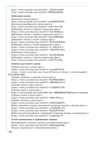 180
Додаток
http://www.youtube.com/watch?v=_B735turDoM
http://www.youtube.com/watch?v=8KH3laR2iR4
Äîáóâàííÿ êèñíþ
Çðіäæåííÿ êèñíþ (àíãë.)
http://www.youtube.com/watch?v=gnhR0PHCdSY
Êðіîãåííå âèðîáíèöòâî êèñíþ (àíãë.)
http://www.youtube.com/watch?v=aLXf-NvzTfg
Äîáóâàííÿ êèñíþ ç ãіäðîãåí ïåðîêñèäó (ðîñ.)
https://www.youtube.com/watch?v=I1d-D5EZxyo
Äîáóâàííÿ êèñíþ ç ãіäðîãåí ïåðîêñèäó (àíãë.)
http://www.youtube.com/watch?v=nkeniDKGs6Q
Äîáóâàííÿ êèñíþ ç êàëіé õëîðàòó (ðîñ.)
https://www.youtube.com/watch?v=EVGwDeEPQzI
Äîáóâàííÿ êèñíþ ç êàëіé ïåðìàíãàíàòó (ðîñ.)
https://www.youtube.com/watch?v=m_4hLiJso-Y
https://www.youtube.com/watch?v=7hErkWJ-Obw
Äîáóâàííÿ êèñíþ (ðîñ.)
https://www.youtube.com/watch?v=lkutBiXMpjQ
Äîáóâàííÿ êèñíþ ç ãіäðîãåí ïåðîêñèäó (ðîñ.)
http://www.youtube.com/watch?v=aLXf-NvzTfg
Õіìі÷íі âëàñòèâîñòі êèñíþ
Ãîðіííÿ âóãіëëÿ â êèñíі (ðîñ.)
https://www.youtube.com/watch?v=cxlygMVGrqY
https://www.youtube.com/watch?feature=player_detailpage&v=
RUlfAFDoUQM
Ãîðіííÿ äіàìàíòà â ðіäêîìó êèñíі (àíãë.)
https://www.youtube.com/watch?v=0tcP9SLKEG4
https://www.youtube.com/watch?v=1QbHRLpYc-0
Ãîðіííÿ ñіðêè â êèñíі (àíãë.)
https://www.youtube.com/watch?v=V1sQO91UvFI
Ãîðіííÿ ñіðêè â êèñíі (ðîñ.)
https://www.youtube.com/watch?NR=1&v=QKDS39c8UF4&feature=endscreen
Ãîðіííÿ çàëіçà â êèñíі (ðîñ.)
https://www.youtube.com/watch?v=o9Rvc3Vae_c
Ãîðіííÿ ìàãíіþ â êèñíі (ðîñ.)
https://www.youtube.com/watch?v=nJ6tN5lKETA
Âèáóõ íàäóâíîї êóëüêè, çàïîâíåíîї ñóìіøøþ ìåòàíó ç êèñíåì (àíãë.)
https://www.youtube.com/watch?v=_Gm6sfOP_Pw
https://www.youtube.com/watch?v=KqIvbFTU0ws
Âèáóõ ìèëüíèõ áóëüáàøîê, çàïîâíåíèõ ñóìіøøþ ìåòàíó ç êèñíåì (àíãë.)
https://www.youtube.com/watch?v=LzagxjtZrJY
Óìîâè âèíèêíåííÿ é ïðèïèíåííÿ ãîðіííÿ
Âèïðîáóâàííÿ ñèñòåìè ãàçîâîãî ïîæåæîãàñіííÿ (ðîñ.)
https://www.youtube.com/watch?v=pE2dmQnjP6g
Ìîäóëü ïîðîøêîâîãî ïîæåæîãàñіííÿ (ðîñ.)
 