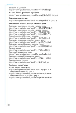 182
Додаток
Òàíåííÿ ëüîäîâèêіâ
https://www.youtube.com/watch?v=vY-3Whfncg0
Ìàñîâà ÷àñòêà ðå÷îâèíè â ðîç÷èíі
https://www.youtube.com/watch?v=uASfXeAaYFc (àíãë.)
Âèãîòîâëåííÿ ðîç÷èíó
http://www.youtube.com/watch?v=A2YyIo8vSCA (àíãë.)
Êèñëîòíі òà îñíîâíі îêñèäè, êèñëîòíі äîùі
Âçàєìîäіÿ êèñëîòíèõ îêñèäіâ ç âîäîþ (ðîñ.)
http://www.youtube.com/watch?v=D7mFRACCXnA
Âçàєìîäіÿ êèñëîòíèõ îêñèäіâ ç âîäîþ (àíãë.)
http://www.youtube.com/watch?v=Y7u2F4fjWFc
http://www.youtube.com/watch?v=82ojwN2X4Yk
Ðåàêöіÿ ôîñôîð(V) îêñèäó ç âîäîþ
http://www.youtube.com/watch?v=tC2Wx9k1u-0
Âçàєìîäіÿ îñíîâíèõ îêñèäіâ ç âîäîþ (ðîñ.)
http://www.youtube.com/watch?v=L1RNrVggMz4
Âçàєìîäіÿ êàëüöіé îêñèäó ç âîäîþ (ðîñ.)
http://www.youtube.com/watch?v=enOR6DKQMn4
Ãàñіííÿ âàïíà
http://www.youtube.com/watch?v=P4ZheMblL-M
Ïðèðîäíі іíäèêàòîðè (ðîñ.)
https://www.youtube.com/watch?v=eycBupRvqh0
Êèñëîòíî-îñíîâíі іíäèêàòîðè (àíãë.)
http://www.youtube.com/watch?v=6Y4Y-__ME60
Êèñëîòíі äîùі (àíãë.)
http://www.youtube.com/watch?v=Nc6j7zz1_do
Ïðîáëåìà ÷èñòîї âîäè
Ìóçåé âîäè â Êèєâі (óêð.)
http://www.youtube.com/watch?v=eXEqUpULvCY
Î÷èùåííÿ ñòі÷íèõ âîä (ðîñ.)
https://www.youtube.com/watch?v=5obYCyTAfAE
Î÷èùåííÿ ïèòíîї âîäè (ðîñ., óêð.)
https://www.youtube.com/watch?v=y9WU9Pa9Z0s
 