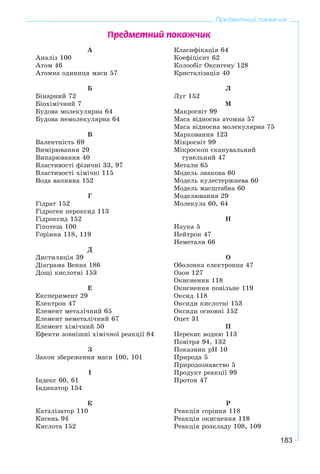 183
Предметний покажчик
À
Àíàëіç 100
Àòîì 46
Àòîìíà îäèíèöÿ ìàñè 57
Á
Áіíàðíèé 72
Áіîõіìі÷íèé 7
Áóäîâà ìîëåêóëÿðíà 64
Áóäîâà íåìîëåêóëÿðíà 64
Â
Âàëåíòíіñòü 69
Âèìіðþâàííÿ 29
Âèïàðþâàííÿ 40
Âëàñòèâîñòі ôіçè÷íі 33, 97
Âëàñòèâîñòі õіìі÷íі 115
Âîäà âàïíÿíà 152
Ã
Ãіäðàò 152
Ãіäðîãåí ïåðîêñèä 113
Ãіäðîêñèä 152
Ãіïîòåçà 100
Ãîðіííÿ 118, 119
Ä
Äèñòèëÿöіÿ 39
Äіàãðàìà Âåííà 186
Äîùі êèñëîòíі 153
Å
Åêñïåðèìåíò 29
Åëåêòðîí 47
Åëåìåíò ìåòàëі÷íèé 65
Åëåìåíò íåìåòàëі÷íèé 67
Åëåìåíò õіìі÷íèé 50
Åôåêòè çîâíіøíі õіìі÷íîї ðåàêöії 84
Ç
Çàêîí çáåðåæåííÿ ìàñè 100, 101
І
Іíäåêñ 60, 61
Іíäèêàòîð 154
Ê
Êàòàëіçàòîð 110
Êèñåíü 94
Êèñëîòà 152
Êëàñèôіêàöіÿ 64
Êîåôіöієíò 62
Êîëîîáіã Îêñèãåíó 128
Êðèñòàëіçàöіÿ 40
Ë
Ëóã 152
Ì
Ìàêðîñâіò 99
Ìàñà âіäíîñíà àòîìíà 57
Ìàñà âіäíîñíà ìîëåêóëÿðíà 75
Ìàðêîâàííÿ 123
Ìіêðîñâіò 99
Ìіêðîñêîï ñêàíóâàëüíèé
òóíåëüíèé 47
Ìåòàëè 65
Ìîäåëü çíàêîâà 60
Ìîäåëü êóëåñòåðæíåâà 60
Ìîäåëü ìàñøòàáíà 60
Ìîäåëþâàííÿ 29
Ìîëåêóëà 60, 64
Í
Íàóêà 5
Íåéòðîí 47
Íåìåòàëè 66
Î
Îáîëîíêà åëåêòðîííà 47
Îçîí 127
Îêèñíåííÿ 118
Îêèñíåííÿ ïîâіëüíå 119
Îêñèä 118
Îêñèäè êèñëîòíі 153
Îêñèäè îñíîâíі 152
Îöåò 31
Ï
Ïåðåêèñ âîäíþ 113
Ïîâіòðÿ 94, 132
Ïîêàçíèê pH 10
Ïðèðîäà 5
Ïðèðîäîçíàâñòâî 5
Ïðîäóêò ðåàêöії 99
Ïðîòîí 47
Ð
Ðåàêöіÿ ãîðіííÿ 118
Ðåàêöіÿ îêèñíåííÿ 118
Ðåàêöіÿ ðîçêëàäó 108, 109
Ïðåäìåòíèé ïîêàæ÷èê
 