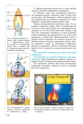 20
Вступ
5. Çðîáіòü âèñíîâîê ùîäî òîãî, ó ÿêіé ÷àñòèíі
ïîëóì’ÿ ïîòðіáíî ïðîâîäèòè íàãðіâàííÿ.
Ó êàáіíåòі õіìії äëÿ íàãðіâàííÿ íàé÷àñòі-
øå âèêîðèñòîâóþòü ñïèðòіâêó (ðèñ. 5) àáî ñóõå
ïàëüíå (ðèñ. 6). Âèçíà÷òå, ÿêèé íàãðіâíèé ïðè-
ëàä âèäàíî âàì äëÿ ðîáîòè, îçíàéîìòåñÿ ç éîãî
áóäîâîþ і ïðàâèëàìè êîðèñòóâàííÿ íèì.
Ïåðåä çàïàëþâàííÿì ñïèðòіâêè (ðèñ. 5) ïå-
ðåâіðòå íàÿâíіñòü ñïèðòó (5) â її ðåçåðâóàðі (1)
òà ÿêіñòü ґíîòà (2). Ñïèðò ìàє çàïîâíþâàòè ðå-
çåðâóàð íà 1/3–2/3 éîãî ìіñòêîñòі. Òðåáà, ùîá
ґíіò áóâ îäíàêîâîї òîâùèíè ïî âñіé äîâæèíі,
âіëüíî òîðêàâñÿ äíà ðåçåðâóàðà é íå äóæå òóãî
òðèìàâñÿ â òðóáöі (3). Ïåðåìіùåííÿì ґíîòà â
òðóáöі (êîëè ñïèðòіâêà íå ãîðèòü) ìîæíà çìі-
íþâàòè âèñîòó ïîëóì’ÿ ñïèðòіâêè. Ñïèðò ìîæ-
íà íàëèâàòè ëèøå äî ïîãàøåíîї ñïèðòіâêè.
Çàïàëіòü ñïèðòіâêó: çíіìіòü êîâïà÷îê (4), ðîç-
ïðàâòå ґíіò і ïіäíåñіòü äî íüîãî çàïàëåíîãî ñіð-
íèêà.
Íå çàïàëþéòå ñïèðòіâêó âіä іíøîї çàïàëåíîї
ñïèðòіâêè!
Íå äìóõàéòå íà ïîëóì’ÿ ñïèðòіâêè, ùîá çàãà-
ñèòè éîãî! Äëÿ ïðèïèíåííÿ ãîðіííÿ ñïèðòó íà-
êðèéòå ïîëóì’ÿ êîâïà÷êîì, ïіäíîñÿ÷è éîãî çáîêó.
Íà êåðàìі÷íó ïëèòêó àáî іíøó âîãíåòðèâêó
ïîâåðõíþ ïîêëàäіòü òàáëåòêó ñóõîãî ïàëüíîãî
(ðèñ. 6) і ïіäïàëіòü.
Ðèñ. 6. Ñóõå ïàëüíå – ïðîñòå, çðó÷íå, êîìïàêòíå
é ïîòóæíå äæåðåëî òåïëà ÿê ó ëàáîðàòîðії, òàê
і â ïîáóòі
1
2
3
Ðèñ. 4. Áóäîâà ïîëóì’ÿ: 1 –
òåìíà çîíà, íàéõîëîäíіøà;
2 – íàéÿñêðàâіøà ÷àñòè-
íà ïîëóì’ÿ, її òåìïåðàòóðà
âèùà, íіæ ó òåìíіé çîíі;
3 – âåðõíÿ ÷àñòèíà ïîëóì’ÿ,
íàéâèùà òåìïåðàòóðà
1
2 3
5
3
5
4
21
Ðèñ. 5. Ñïèðòіâêà: 1 – ðåçåð-
âóàð; 2 – ґíіò; 3 – òðóáî÷êà;
4 – êîâïà÷îê; 5 – ñïèðò
 