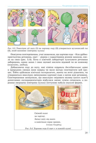 31
Початкові хімічні поняття
1 3
2
Ðèñ. 5.3. Óíàñëіäîê äії îöòó (1) íà õàð÷îâó ñîäó (2) óòâîðþєòüñÿ âóãëåêèñëèé ãàç
(3), ÿêèé íàïîâíþє ïîâіòðÿíó êóëüêó
Îïèñóþ÷è ñïîñòåðåæåííÿ, ó÷íі çàçíà÷èëè, ùî õàð÷îâà ñîäà – áіëà äðіáíî-
êðèñòàëі÷íà ðå÷îâèíà, îöåò – ðіäèíà ç õàðàêòåðíèì ðіçêèì çàïàõîì, êèñ-
ëà íà ñìàê (ðèñ. 5.4). Õî÷à â õіìі÷íіé ëàáîðàòîðії êóøòóâàòè ðå÷îâèíè
çàáîðîíåíî, îäíàê çàïàõ і ñìàê îöòîâîї êèñëîòè âіäîìèé ÷è íå êîæíîìó
(ïîÿñíіòü, çâіäêè).
Äîáàâëÿþ÷è ñîäó äî îöòó, þíі õіìіêè êåðóâàëè äîñëіäæåííÿì: àäæå
â ïðèðîäíèõ óìîâàõ âîíè íàâðÿä ÷è ìàëè íàãîäó ñïîñòåðіãàòè öåé ïðî-
öåñ. Òîáòî çäіéñíèëè õіìі÷íèé åêñïåðèìåíò, ìàþ÷è íà ìåòі äіçíàòèñÿ, ÷è
óòâîðþþòüñÿ âíàñëіäîê çìіøóâàííÿ õàð÷îâîї ñîäè ç îöòîì íîâі ðå÷îâèíè.
Ñïîñòåðåæåííÿ çàñâіä÷èëè, ùî âíàñëіäîê ñâіäîìîãî âïëèâó (ÿêîãî ñàìå?)
äîïèòëèâèõ åêñïåðèìåíòàòîðіâ âіäáóëèñÿ çìіíè: ñóìіø ñïіíèëàñÿ, à ïî-
ðîæíÿ çìîðùåíà ïîâіòðÿíà êóëüêà ïîñòóïîâî íàáóëà îïóêëîї ôîðìè.
Ñâіæèé ñàëàò
íà òàðіëöі.
Çàïàõ îöòó âіä íüîãî
â ñàìіñіíüêå ñåðöå ïðîíèê.
Іñіêàâà Òàêóáîêó
Ðèñ. 5.4. Õàð÷îâà ñîäà é îöåò є â êîæíіé êóõíі
 