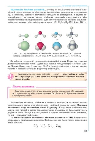 69
Початкові хімічні поняття
Âàëåíòíіñòü õіìі÷íèõ åëåìåíòіâ. Äîòåïåð âè àíàëіçóâàëè ÿêіñíèé і êіëü-
êіñíèé ñêëàä ðå÷îâèí çà õіìі÷íèìè ôîðìóëàìè, íàâåäåíèìè â ïіäðó÷íè-
êó. І, íàïåâíî, õîòіëè á íàâ÷èòèñÿ ñêëàäàòè їõ ñàìîòóæêè. Ç’ÿñóєìî çà-
êîíîìіðíîñòі, çà ÿêèìè àòîìè õіìі÷íèõ åëåìåíòіâ ñïîëó÷àþòüñÿ ìіæ
ñîáîþ ó ïåâíèõ ñïіââіäíîøåííÿõ. Äëÿ öüîãî ïîðіâíÿєìî ÿêіñíèé і êіëüêіñ-
íèé ñêëàä ñïîëóê, õіìі÷íі ôîðìóëè ÿêèõ , , , (ðèñ. 13.1).
1 2 3
4
Ðèñ. 13.1. Êóëåñòåðæíåâі é ìàñøòàáíі ìîäåëі ìîëåêóë. 1. Ãіäðîãåí
õëîðèä (õëîðîâîäåíü) HCl. 2. Âîäà H2O. 3. Àìîíіàê NH3. 4. Ìåòàí CH4
Çà ÿêіñíèì ñêëàäîì öі ðå÷îâèíè äåùî ïîäіáíі: àòîìè Ãіäðîãåíó є â ñêëà-
äі ìîëåêóëè êîæíîї ç íèõ. Îäíàê êіëüêіñíèé ñêëàä ñïîëóê – ðіçíèé. Àòî-
ìè Õëîðó, Îêñèãåíó, Íіòðîãåíó, Êàðáîíó ñïîëó÷åíі â íèõ ç îäíèì, äâîìà,
òðüîìà é ÷îòèðìà àòîìàìè Ãіäðîãåíó âіäïîâіäíî.
Âàëåíòíіñòü (âіä ëàò. valentia – ñèëà) – âëàñòèâіñòü àòîìіâ,
ÿêà õàðàêòåðèçóє їõíþ çäàòíіñòü ñïîëó÷àòèñÿ ç ïåâíèì ÷èñëîì
іíøèõ àòîìіâ.
Цікаво і пізнавально
Здатність атомів сполучатися з певним числом інших атомів або заміщува-
ти їх ще на початку XІX століття зауважив Дж. Дальтон. Е. Франкленд назвав
її «сполучною силою».
Âàëåíòíіñòü áàãàòüîõ õіìі÷íèõ åëåìåíòіâ âèçíà÷èëè íà îñíîâі åêñïå-
ðèìåíòàëüíèõ äàíèõ ïðî êіëüêіñíèé і ÿêіñíèé ñêëàä ðå÷îâèí. Îäèíèöÿ
âàëåíòíîñòі – öå âàëåíòíіñòü àòîìà Ãіäðîãåíó. ßêùî àòîì õіìі÷íîãî åëå-
ìåíòà ñïîëó÷åíèé ç äâîìà îäíîâàëåíòíèìè àòîìàìè, òî éîãî âàëåíòíіñòü
äîðіâíþє äâîì. ßêùî âіí ñïîëó÷åíèé ç òðüîìà îäíîâàëåíòíèìè àòîìàìè,
òî âіí – òðèâàëåíòíèé òîùî.
Íàéâèùå çíà÷åííÿ âàëåíòíîñòі õіìі÷íèõ åëåìåíòіâ – VIII. Âàëåíòíіñòü
ïîçíà÷àþòü ðèìñüêèìè öèôðàìè. Çðîáèìî öå íàä ôîðìóëàìè çàçíà÷åíèõ
âèùå ñïîëóê:
 