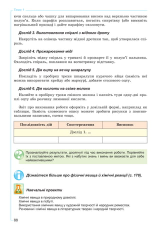88
Тема 1
þ÷è ñêåëüöå àáî ÷àøêó äëÿ âèïàðþâàííÿ âèñîêî íàä âåðõíüîþ ÷àñòèíîþ
ïîëóì’ÿ. Êîëè ïàðàôіí ðîçïëàâèòüñÿ, ïîãàñіòü ñïèðòіâêó (àáî âèìêíіòü
íàãðіâàëüíèé ïðèëàä) і äàéòå ïàðàôіíó îõîëîíóòè.
Дослід 3. Виготовлення спіралі з мідного дроту
Íàêðóòіòü íà îëіâåöü ÷àñòèíó ìіäíîї äðîòèíè òàê, ùîá óòâîðèëàñÿ ñïі-
ðàëü.
Дослід 4. Прожарювання міді
Çàêðіïіòü ìіäíó ñïіðàëü ó òðèìà÷і é ïðîæàðòå її ó ïîëóì’ї ïàëüíèêà.
Îõîëîäіòü ñïіðàëü, ïîêëàâøè íà âîãíåòðèâêó ïіäñòàâêó.
Дослід 5. Дія оцту на яєчну шкаралупу
Ïîêëàäіòü ó ïðîáіðêó òðîõè øêàðàëóïè êóðÿ÷îãî ÿéöÿ (çàìіñòü íåї
ìîæíà âèêîðèñòàòè êðåéäó àáî ìàðìóð), äîáàâòå ñòîëîâîãî îöòó.
Дослід 6. Дія кислоти на свіже молоко
Íàëèéòå â ïðîáіðêó òðîõè ñâіæîãî ìîëîêà і êàïíіòü òóäè îäíó-äâі êðà-
ïëі îöòó àáî ðîç÷èíó ëèìîííîї êèñëîòè.
Çâіò ïðî âèêîíàííÿ ðîáîòè îôîðìіòü ó äîâіëüíіé ôîðìі, íàïðèêëàä ÿê
òàáëèöþ. Çàìіñòü ñëîâåñíîãî îïèñó ìîæåòå çðîáèòè ðèñóíêè ç ïîÿñíþ-
âàëüíèìè íàïèñàìè, ñõåìè òîùî.
Ïîñëіäîâíіñòü äіé Ñïîñòåðåæåííÿ Âèñíîâîê
Äîñëіä 1. …
Проаналізуйте результати, досягнуті під час виконання роботи. Порівняйте
їх з поставленою метою. Які з набутих знань і вмінь ви вважаєте для себе
найважливішими?
Дізнайтеся більше про фізичні явища й хімічні реакції (с. 178).
Навчальні проекти
Хімічні явища в природному довкіллі.
Хімічні явища в побуті.
Використання хімічних явищ у художній творчості й народних ремеслах.
Речовини і хімічні явища в літературних творах і народній творчості.
 