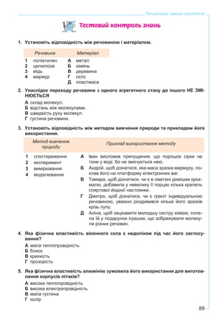 89
Початкові хімічні поняття
Òåñòîâèé êîíòðîëü çíàíü
1. Установіть відповідність між речовиною і матеріалом.
Речовина Матеріал
1
2
3
4
поліетилен
целюлоза
мідь
мармур
А
Б
В
Г
Д
метал
камінь
деревина
скло
пластмаса
2. Унаслідок переходу речовини з одного агрегатного стану до іншого НЕ ЗМІ-
НЮЄТЬСЯ
А склад молекул.
Б відстань між молекулами.
В швидкість руху молекул.
Г густина речовини.
3. Установіть відповідність між методом вивчення природи та прикладом його
використання.
Метод вивчення
природи
Приклад використання методу
1
2
3
4
спостереження
експеримент
вимірювання
моделювання
А
Б
В
Г
Д
Іван висловив припущення, що порошок сірки не
тоне у воді, бо не змочується нею.
Андрій, щоб дізнатися, яка маса зразка мармуру, по-
клав його на платформу електронних ваг.
Тамара, щоб дізнатися, чи є в сметані домішки крох-
малю, добавила у невелику її порцію кілька крапель
спиртової йодної настоянки.
Дмитро, щоб дізнатися, чи є граніт індивідуальною
речовиною, уважно роздивився кілька його зразків
крізь лупу.
Аліна, щоб зацікавити молодшу сестру хімією, спле-
ла їй у подарунок іграшки, що зображували молеку-
ли різних речовин.
4. Яка фізична властивість віконного скла є недоліком під час його застосу-
вання?
А мала теплопровідність
Б блиск
В крихкість
Г прозорість
5. Яка фізична властивість алюмінію зумовила його використання для виготов-
лення корпусів літаків?
А висока теплопровідність
Б висока електропровідність
В мала густина
Г колір
 