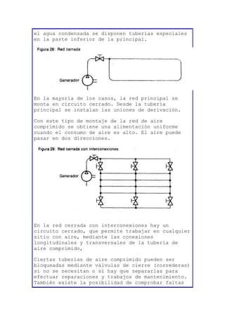 el agua condensada se disponen tuberías especiales
en la parte inferior de la principal.
En la mayoría de los casos, la red principal se
monta en circuito cerrado. Desde la tubería
principal se instalan las uniones de derivación.
Con este tipo de montaje de la red de aire
comprimido se obtiene una alimentación uniforme
cuando el consumo de aire es alto. El aire puede
pasar en dos direcciones.
En la red cerrada con interconexiones hay un
circuito cerrado, que permite trabajar en cualquier
sitio con aire, mediante las conexiones
longitudinales y transversales de la tubería de
aire comprimido,
Ciertas tuberías de aire comprimido pueden ser
bloqueadas mediante válvulas de cierre (correderas)
si no se necesitan o si hay que separarlas para
efectuar reparaciones y trabajos de mantenimiento.
También existe la posibilidad de comprobar faltas
 