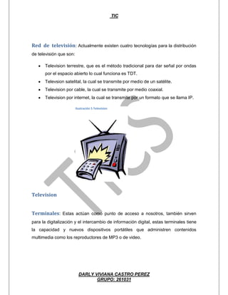 TIC




Red de televisión: Actualmente existen cuatro tecnologías para la distribución
de televisión que son:

       Television terrestre, que es el método tradicional para dar señal por ondas
       por el espacio abierto lo cual funciona es TDT.
       Televsion satelital, la cual se transmite por medio de un satélite.
       Television por cable, la cual se transmite por medio coaxial.
       Television por internet, la cual se transmite por un formato que se llama IP.

                         Ilustración 5 Television




Television


Terminales: Estas actúan como punto de acceso a nosotros, también sirven
para la digitalización y el intercambio de información digital, estas terminales tiene
la capacidad y nuevos dispositivos portátiles que administren contenidos
multimedia como los reproductores de MP3 o de video.




                           DARLY VIVIANA CASTRO PEREZ
                                  GRUPO: 261031
 