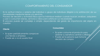 COMPORTAMIENTO DEL CONSUMIDOR
Es la actitud interna o externa del individuo o grupo de individuos dirigida a la satisfacción de sus
necesidades mediante bienes y/o servicios.
Proceso de decisión y actividad física que los individuos realizan cuando buscan, evalúan, adquieren
y usan o consumen bienes, servicios o ideas para satisfacer sus necesidades
El proceso puede ser complejo o simple; dependiendo del grado de importancia del objeto en
cuestión
Cliente
• Es quien periódicamente compra en
una tienda o empresa
• Puede ser o no el usuario final
Consumidor
• Es quien consume el producto para
obtener su beneficio central o utilidad
• Puede ser la persona que toma la
decisión de compra
 
