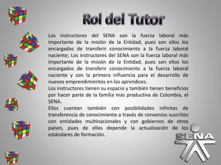 Los instructores del SENA son la fuerza laboral más
importante de la misión de la Entidad, pues son ellos los
encargados de transferir conocimiento a la fuerza laboral
naciente; Los instructores del SENA son la fuerza laboral más
importante de la misión de la Entidad, pues son ellos los
encargados de transferir conocimiento a la fuerza laboral
naciente y son la primera influencia para el desarrollo de
nuevos emprendimientos en los aprendices.
Los instructores tienen su espacio y también tienen beneficios
por hacer parte de la familia más productiva de Colombia, el
SENA.
Ellos cuentan también con posibilidades infinitas de
transferencia de conocimiento a través de convenios suscritos
con entidades multinacionales y con gobiernos de otros
países, pues de ellos depende la actualización de los
estándares de formación.
 