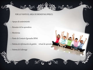 : : : Apoyos de sostenimiento
: : : Bienestar de los aprendices
: : : Monitorias
: : : Punto de Contacto Egresados SENA
: : : Sistema de información de gestión virtual de aprendices
: : : Sistema de Liderazgo
POR LO TANTO EL AREA DE BIENESTAR OFRECE:
 