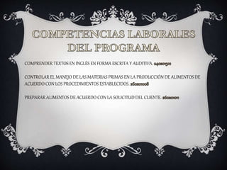 COMPRENDER TEXTOS EN INGLÉS EN FORMA ESCRITA Y AUDITIVA.
CONTROLAR EL MANEJO DE LAS MATERIAS PRIMAS EN LA PRODUCCIÓN DE ALIMENTOS DE
ACUERDO CON LOS PROCEDIMIENTOS ESTABLECIDOS.
PREPARAR ALIMENTOS DE ACUERDO CON LA SOLICITUD DEL CLIENTE.
 