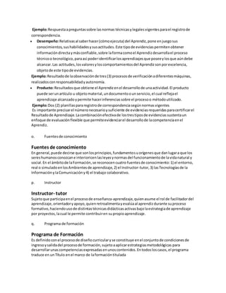 Ejemplo:Respuestaapreguntassobre lasnormas técnicasylegalesvigentesparael registrode
correspondencia.
 Desempeño:Relativasal saberhacer(cómoejecuta) del Aprendiz,pone enjuegosus
conocimientos,sushabilidadesysusactitudes.Este tipode evidenciaspermitenobtener
informacióndirectaymásconfiable,sobre laformacomoel Aprendizdesarrollael proceso
técnicoo tecnológico,paraasí poderidentificarlosaprendizajesque poseeylosque aúndebe
alcanzar.Las actitudes,losvaloresyloscomportamientosdel Aprendizsonporexcelencia,
objetode este tipode evidencias.
Ejemplo:Resultadode laobservaciónde tres(3) procesosde verificaciónadiferentesmáquinas,
realizadosconresponsabilidadyautonomía.
 Producto: Resultadosque obtiene el Aprendizenel desarrollode unaactividad.El producto
puede serunartículo u objetomaterial,undocumentoounservicio,el cual reflejael
aprendizaje alcanzadoypermite hacerinferenciassobre el procesoo métodoutilizado.
Ejemplo:Dos (2) planillaspararegistrode correspondenciasegúnnormasvigentes
Es importante precisarel númeronecesarioysuficiente de evidenciasrequeridasparacertificarel
Resultadode Aprendizaje.Lacombinaciónefectivade lostrestiposde evidenciassustentaun
enfoque de evaluaciónflexible que permiteevidenciarel desarrollode lacompetenciaenel
Aprendiz.
o. Fuentesde conocimiento
Fuentes de conocimiento
En general,puede decirse que sonlosprincipios,fundamentosuorígenesque danlugara que los
sereshumanosconozcane interioricenlasleyesynormasdel funcionamientode lavidanatural y
social.En el ámbitode laFormación,se reconocencuatro fuentesde conocimiento:1) el entorno,
real o simuladoenlosAmbientesde aprendizaje,2) el Instructor-tutor,3) lasTecnologíasde la
InformaciónylaComunicacióny4) el trabajo colaborativo.
p. Instructor
Instructor- tutor
Sujetoque participaenel procesode enseñanza-aprendizaje,quienasume el rol de facilitadordel
aprendizaje,orientadoryapoyo,quienretroalimentayevalúaal aprendizdurante suproceso
formativo,haciendousode distintastécnicasdidácticasactivasbajolaestrategiade aprendizaje
por proyectos,lacual le permite contribuiren supropioaprendizaje.
q. Programa de formación
Programa de Formación
Es definidoconel procesode diseñocurricularyse constituye enel conjuntode condicionesde
ingresoysalidadel procesode formación,sujetoaaplicarestrategiasmetodológicas para
desarrollarunascompetenciasexpresadasenunoscontenidos.Entodosloscasos,el programa
traduce en unTítulo enel marco de laformacióntitulada
 