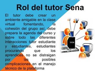 Rol del tutor Sena
El tutor debe crear un
ambiente amigable en la clase
virtual fomentando, la
cohesión del grupo así, debe
prepara la agenda del curso y
sobre todo las diferentes
interacciones tutor estudiante
y estudiantes, estudiantes
procurando que los
aprendices no se distraigan
por las posibles
complicaciones en el manejo
técnico de la plataforma
 