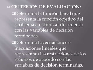  CRITERIOS DE EVALUACION:
Determina la función lineal que
representa la función objetivo del
problema a optimizar de acuerdo
con las variables de decisión
terminadas.
Determina las ecuaciones e
inecuaciones lineales que
representan las restricciones de los
recursos de acuerdo con las
variables de decisión terminadas.
 