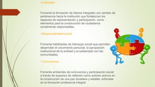 +Liderazgo
Fomenta la formación de líderes integrales con sentido de
pertenencia hacia la institución que fortalezcan los
espacios de representación y participación, como
elementos para la construcción de ciudadanos
socialmente responsables.
+Responsabilidad social
Fomenta habilidades de liderazgo social que permitan
desarrollar el crecimiento personal, la apropiación
institucional de la entidad y la solidaridad con las
comunidades.
+ Conviv​encia
Fomenta ambientes de convivencia y participación social
a través de espacios de reflexión como actores activos en
la construcción de una paz duradera y estable, enfocada
en la formación profesional integral.
 