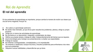 Rol de Aprendiz
El rol del aprendiz
En los ambientes de aprendizaje es importante, porque cambia la manera de recibir sus clases que
era de forma magistral. Porque Ya:
 Se vuelve un aprendizaje autónomo
 Se siente más motivado, ya que él es quien resuelve los problemas, planea y dirige su propio
proyecto.
 Dirige por sí mismo las actividades de aprendizaje.
 Se convierte en un descubridor, integrador y presentador de ideas.
 Define sus propias tareas y trabaja en ellas, independientemente del tiempo que se requiere.
 Usa la tecnología para manejar sus presentaciones o ampliar sus capacidades.
 Trabaja en equipo.
 Se enfrenta a ambigüedades, complejidades y a lo impredecible.
 Se enfrenta a obstáculos, busque recursos y resuelva problemas para enfrentarse a los retos
que se le presenten.
 Adquiere nuevas habilidades y desarrolla las que ya tiene.
 