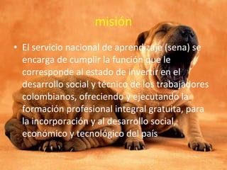misión El servicio nacional de aprendizaje (sena) se encarga de cumplir la función que le corresponde al estado de invertir en el desarrollo social y técnico de los trabajadores colombianos, ofreciendo y ejecutando la formación profesional integral gratuita, para la incorporación y al desarrollo social, económico y tecnológico del país  