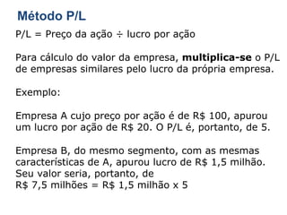 Método P/L P/L = Preço da ação ÷ lucro por ação Para cálculo do valor da empresa,  multiplica-se  o P/L de empresas similares pelo lucro da própria empresa. Exemplo: Empresa A cujo preço por ação é de R$ 100, apurou um lucro por ação de R$ 20. O P/L é, portanto, de 5. Empresa B, do mesmo segmento, com as mesmas características de A, apurou lucro de R$ 1,5 milhão.  Seu valor seria, portanto, de  R$ 7,5 milhões = R$ 1,5 milhão x 5 