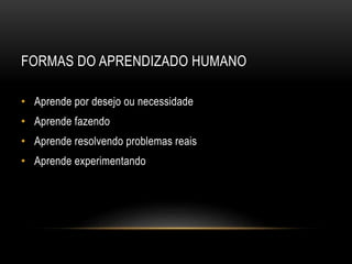 FORMAS DO APRENDIZADO HUMANO
• Aprende por desejo ou necessidade
• Aprende fazendo
• Aprende resolvendo problemas reais
• Aprende experimentando
 