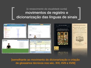 [o renascimento da visualidade surda]
movimentos de registro e
dicionarização das línguas de sinais[ ]
[semelhante ao movimento de dicionarização e criação
de glossários técnicos nos séc. XVI, XVII e XVIII]
 