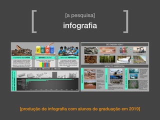 [produção de infograﬁa com alunos de graduação em 2019]
[a pesquisa]
infograﬁa[ ]
TEMPODEDECOMPOSIÇÃO
DOSMATERIAIS(emanos)
A Política Nacional de Resíduos Sólidos
(PNRS) estabelecia que os municípios
brasileiros erradicassem os lixões até o
ano de 2014. Como 60% como não se
adequaram, o prazo para o fim dos lixões
foi prorrogado para entre 2018 e 2021.
O problema dos LIXÕES
O primeiro passo é saber separar o seu
lixo seguindo as 5 cores.
SEPARE o seu lixo
PAPEL
PLÁSTICO
ORGÂNICO
METAL
VIDRO
A separação do lixo gera empregos.
Existem cooperativas de catadores e
separadores de lixo que, além de minorar o
impacto ambiental do lixo sem tratamento,
geram renda para milhares de pessoas.
Ajude!
Gere mais EMPREGOS
RECICLE REDUZA REUSE
FLORESTA DE REPLANTIO
Mariana (MG)/2015
– Mortes 19 pessoas
Danos aos
ecossistemas do Rio
Doce
Danos aos
ecossistemas
marinhos
MINERAÇÃOAÇO/ALUMÍNIO
CELULOSE DE EUCALIPTOINDÚSTRIA DE PAPEL
PLÁSTICO
Desastre ambiental em 2000, na Baia de
Guanabara.
Os peixes desapareceram e mais de 20
mil famílias ficaram sem trabalho, porque
viviam da pesca.
Plásticos lançados no
mar matam mais de
100 mil animais por
ano. Pesquisa da
Universidade da
Austrália.
Os animais marinhos
confundem plásticos
com comida.
Brumadinho
(MG/2019) – 246
mortes identificadas
e 24 desaparecidas.
Aproximadamente
125 hectares de
florestas foram
perdidos ...
MADEIRA
DE ONDEM VEM ?
Durante o primeiro mês
de 2019 foi registrado
um crescimento de 54%
no desmatamento da
região amazônica, em
comparação ao mesmo
período do ano anterior.
Em janeiro, segundo o
Boletim do
Desmatamento (SAD)
IMPACTO AMBIENTAL
MINERAÇÃO
PETRÓLEO
NOSMARES&FLORESTA
PETRÓLEO
 