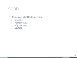 SGBD
15
▷ Principais SGBDs do mercado:
○ Oracle;
○ PostgreSQL;
○ SQL Server;
○ MySQL;
 