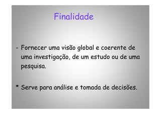 Finalidade
- Fornecer uma visão global e coerente de
uma investigação, de um estudo ou de umauma investigação, de um estudo ou de uma
pesquisa.
* Serve para análise e tomada de decisões.
 