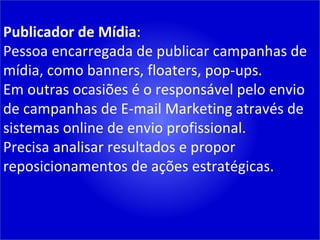 Publicador de Mídia : Pessoa encarregada de publicar campanhas de mídia, como banners, floaters, pop-ups. Em outras ocasiões é o responsável pelo envio de campanhas de E-mail Marketing através de sistemas online de envio profissional. Precisa analisar resultados e propor reposicionamentos de ações estratégicas. 