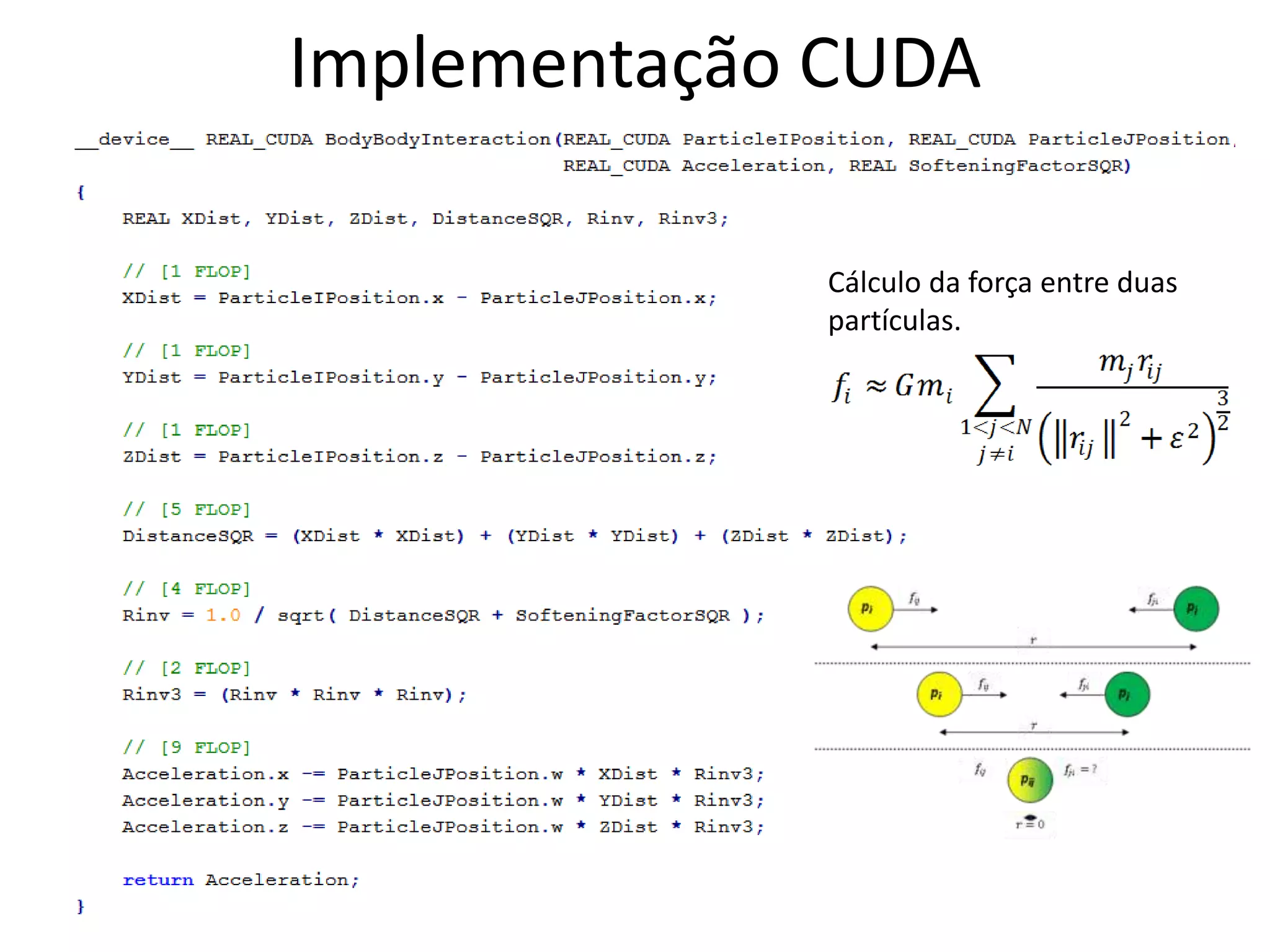 Implementação CUDA
Cálculo da força entre duas
partículas.
 