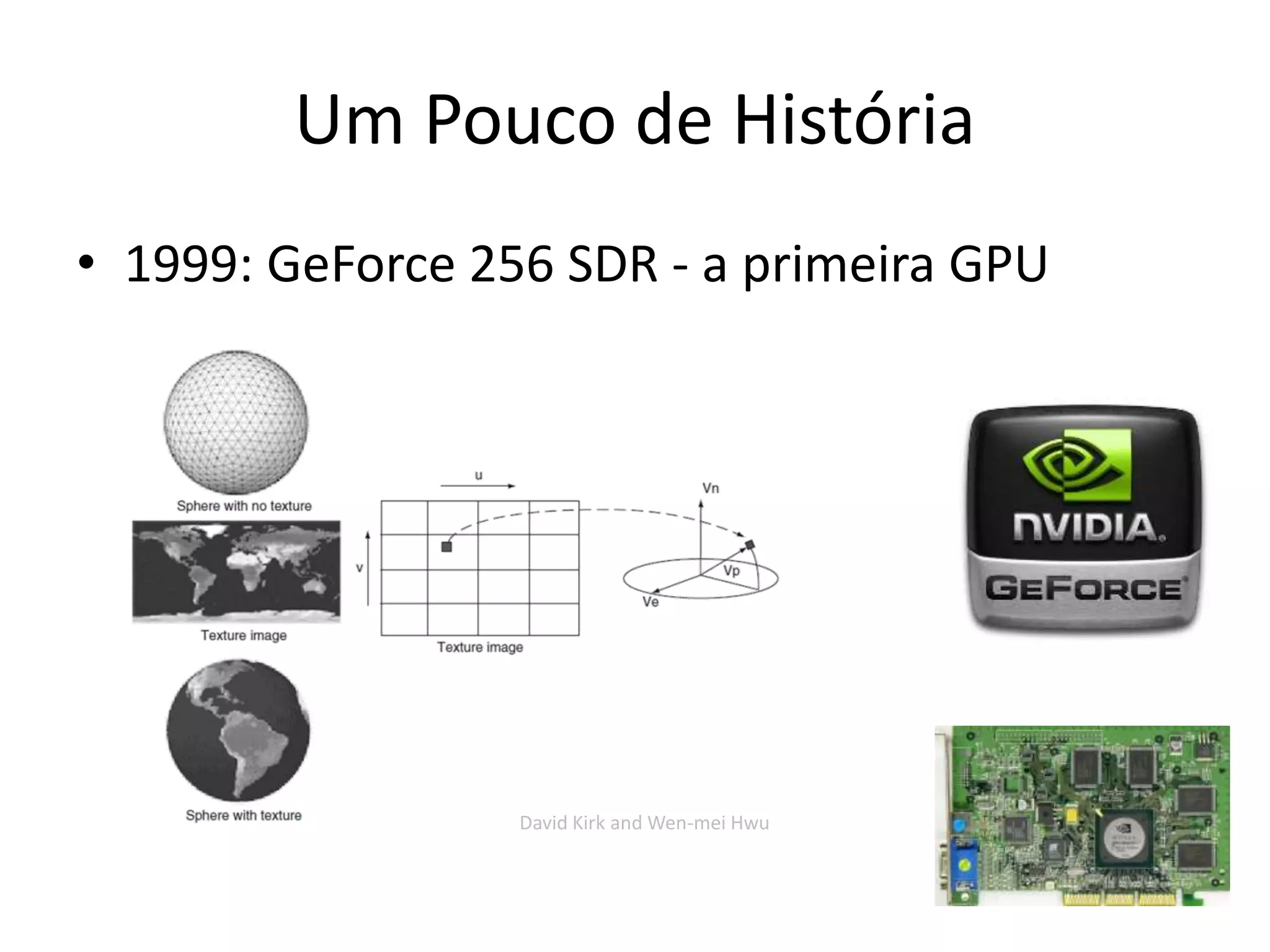 Um Pouco de História
• 1999: GeForce 256 SDR - a primeira GPU
David Kirk and Wen-mei Hwu
 