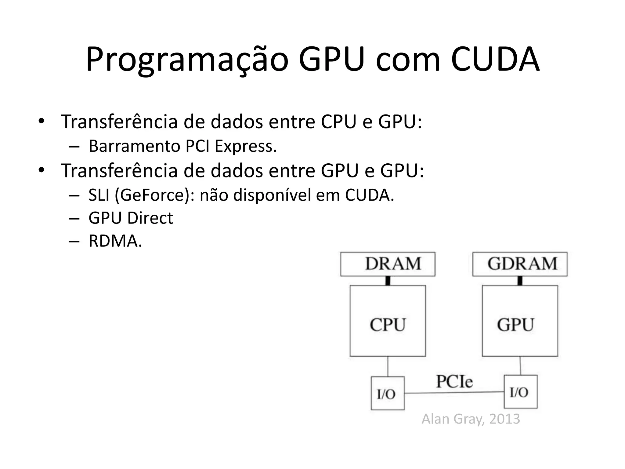 Programação GPU com CUDA
• Transferência de dados entre CPU e GPU:
– Barramento PCI Express.
• Transferência de dados entre GPU e GPU:
– SLI (GeForce): não disponível em CUDA.
– GPU Direct
– RDMA.
Alan Gray, 2013
 