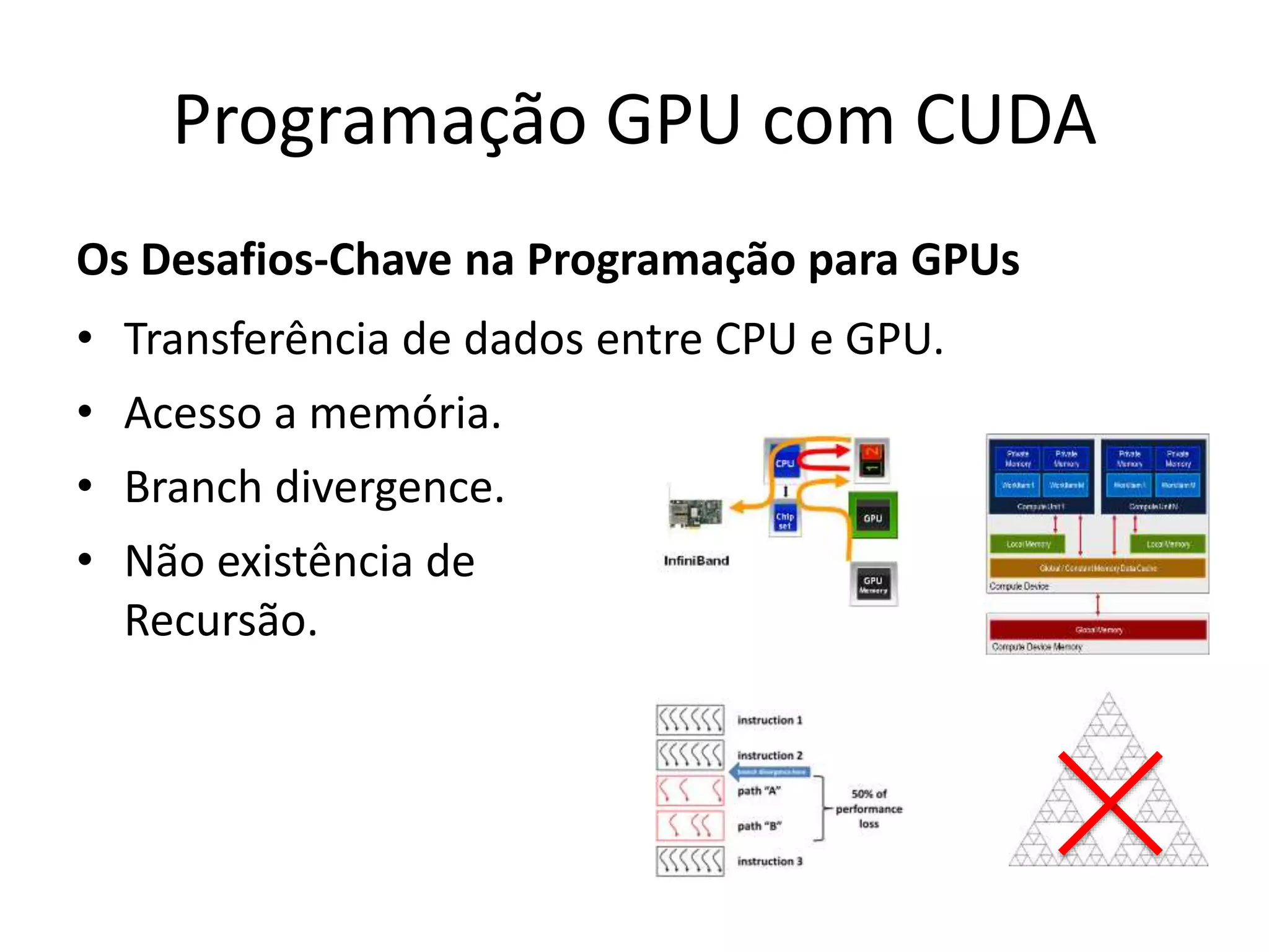 Os Desafios-Chave na Programação para GPUs
• Transferência de dados entre CPU e GPU.
• Acesso a memória.
• Branch divergence.
• Não existência de
Recursão.
Programação GPU com CUDA
 