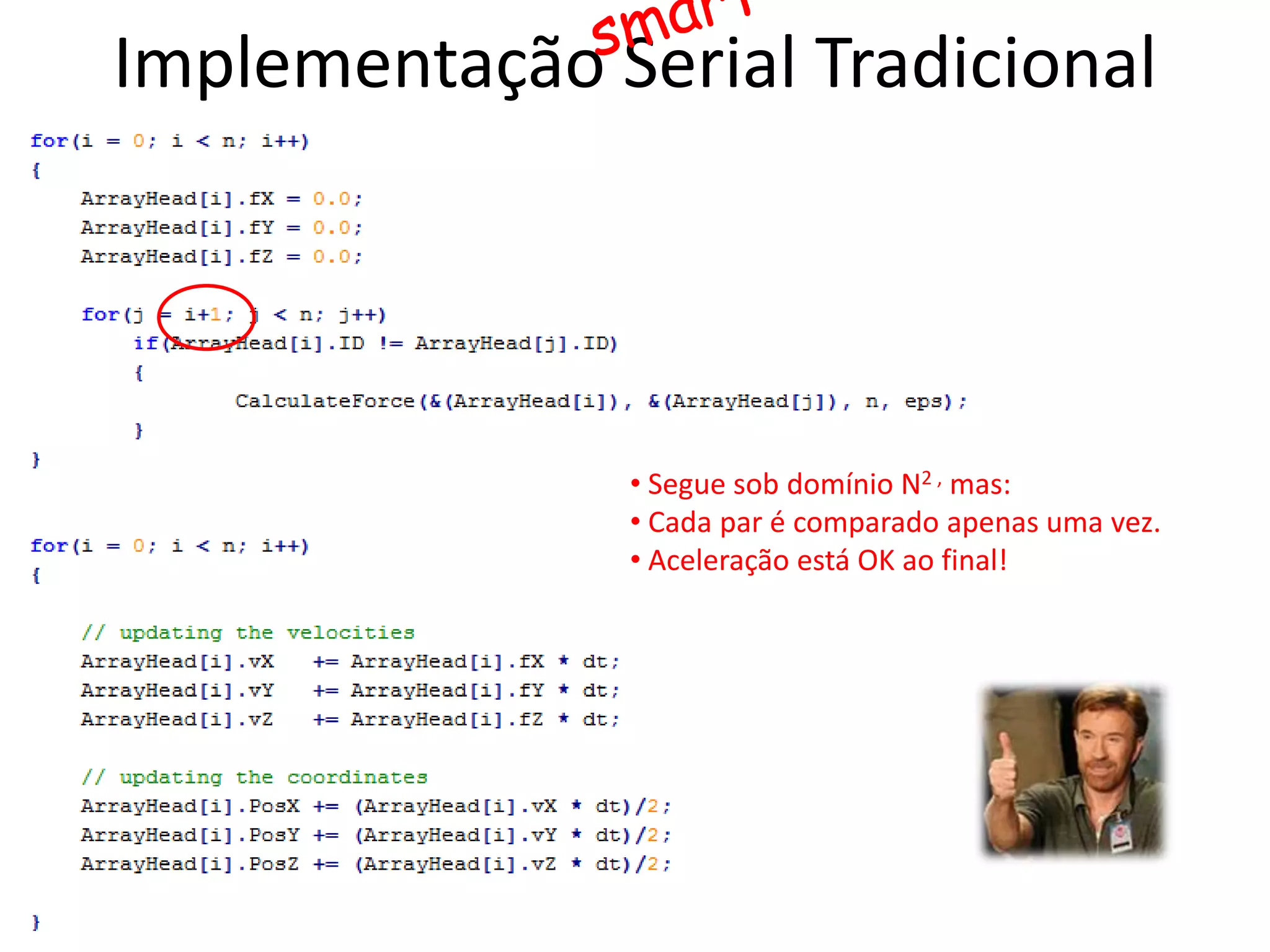 Implementação Serial Tradicional
• Segue sob domínio N2 , mas:
• Cada par é comparado apenas uma vez.
• Aceleração está OK ao final!
 