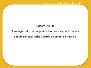 IMPORTANTE:
As relações de uma organização com seus públicos não
 podem ser explicadas a partir de um único modelo.
 