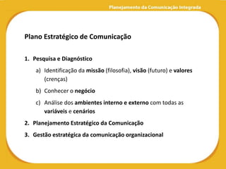 Plano Estratégico de Comunicação

1. Pesquisa e Diagnóstico
    a) Identificação da missão (filosofia), visão (futuro) e valores
       (crenças)
    b) Conhecer o negócio
    c) Análise dos ambientes interno e externo com todas as
       variáveis e cenários
2. Planejamento Estratégico da Comunicação
3. Gestão estratégica da comunicação organizacional
 