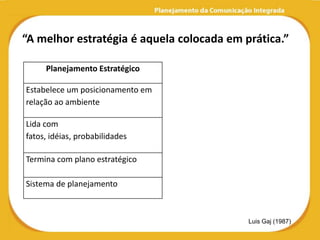 “A melhor estratégia é aquela colocada em prática.”

     Planejamento Estratégico

Estabelece um posicionamento em
relação ao ambiente

Lida com
fatos, idéias, probabilidades

Termina com plano estratégico

Sistema de planejamento



                                           Luis Gaj (1987)
 
