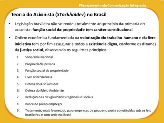 Teoria do Acionista (Stockholder) no Brasil
•    Legislação brasileira não se rendeu totalmente ao princípio da primazia do
     acionista: função social da propriedade tem caráter constitucional
•    Ordem econômica fundamentada na valorização do trabalho humano e da livre
     iniciativa tem por fim assegurar a todos a existência digna, conforme os ditames
     da justiça social, observando os seguintes princípios:
      1.   Soberania nacional
      2.   Propriedade privada
      3.   Função social da propriedade
      4.   Livre concorrência
      5.   Defesa do Consumidor
      6.   Defesa do Meio Ambiente
      7.   Redução das desigualdades regionais e sociais
      8.   Busca do pleno emprego
      9.   Tratamento mais favorecido para empresas de pequeno porte constituídas sob as leis
           brasileiras e com sede no Brasil
 