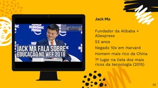 20
Jack Ma
Fundador da Alibaba +
Aliexpress
53 anos
Negado 10x em Harvard
Homem mais rico da China
7º lugar na lista dos mais
ricos da tecnologia (2015)
 