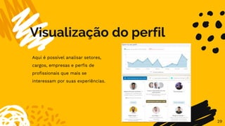 Visualização do perfil
29
Aqui é possível analisar setores,
cargos, empresas e perfis de
profissionais que mais se
interessam por suas experiências.
 