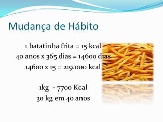 Mudança de Hábito1 batatinha frita = 15 kcal40 anos x 365 dias = 14600 dias14600 x 15 = 219.000 kcal1kg  - 7700 Kcal30 kg em 40 anos