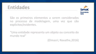 Entidades
“Uma entidade representa um objeto ou conceito do
mundo real”
(Elmasri; Navathe,2016)
São os primeiros elementos a serem considerados
no processo de modelagem, uma vez que são
explícitos/evidentes.
 
