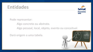 Entidades
Pode representar:
Algo concreto ou abstrato.
Algo pessoal, local, objeto, evento ou conceitual.
Dará origem a uma tabela.
 
