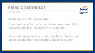 Relacionamentos
EXERCÍCIO
Identifique os Relacionamentos:
• Uma equipe é formada por vários jogadores. Cada
jogador pode jogar apenas em uma equipe.
• Cada cliente pode fazer vários pedidos. Porém um
pedido pode estar relacionado a um único cliente.
 