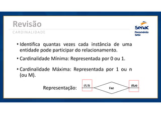 Representação:
• Identifica quantas vezes cada instância de uma
entidade pode participar do relacionamento.
Revisão
CARDINALIDADE
• Cardinalidade Mínima: Representada por 0 ou 1.
• Cardinalidade Máxima: Representada por 1 ou n
(ou M).
 