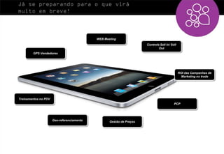 Já se preparando para o que virá
muito em breve!



                                            WEB Meeting
                                                                      Controle Sell In/ Sell
                                                                              Out
        GPS Vendedores




                                                                                               ROI das Campanhas de
                                                                                                 Marketing no trade




Treinamentos no PDV
                                                                                          PCP




                      Geo-referenciamento          Gestão de Preços
 