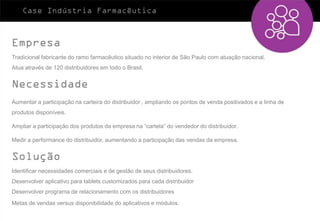 Case Indústria Farmacêutica



Empresa
Tradicional fabricante do ramo farmacêutico situado no interior de São Paulo com atuação nacional.
Atua através de 120 distribuidores em todo o Brasil.


Necessidade
Aumentar a participação na carteira do distribuidor , ampliando os pontos de venda positivados e a linha de
produtos disponíveis.

Ampliar a participação dos produtos da empresa na “cartela” do vendedor do distribuidor.

Medir a performance do distribuidor, aumentando a participação das vendas da empresa.


Solução
Identificar necessidades comerciais e de gestão de seus distribuidores.
Desenvolver aplicativo para tablets customizados para cada distribuidor
Desenvolver programa de relacionamento com os distribuidores
Metas de vendas versus disponibilidade do aplicativos e módulos.
 