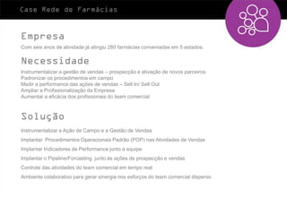 Case Rede de Farmácias


Empresa
Com seis anos de atividade já atingiu 280 farmácias conveniadas em 5 estados.

Necessidade
Instrumentalizar a gestão de vendas – prospecção e ativação de novos parceiros
Padronizar os procedimentos em campo
Medir a performance das ações de vendas – Sell In/ Sell Out
Ampliar a Profissionalização da Empresa
Aumentar a eficácia dos profissionais do team comercial



Solução
Instrumentalizar a Ação de Campo e a Gestão de Vendas
Implantar Procedimentos Operacionais Padrão (POP) nas Atividades de Vendas
Implantar Indicadores de Performance junto a equipe
Implantar o Pipeline/Forcasting junto às ações de prospecção e vendas
Controle das atividades do team comercial em tempo real
Ambiente colaborativo para gerar sinergia nos esforços do team comercial disperso
 