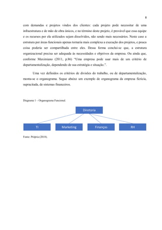 8
com demandas e projetos vindos dos clientes: cada projeto pode necessitar de uma
infraestrutura e de mão de obra únicos, e no término deste projeto, é provável que essa equipe
e os recursos por ela utilizados sejam dissolvidos, não sendo mais necessários. Neste caso a
estrutura por áreas funcionais apenas tornaria mais complexa a execução dos projetos, e pouca
coisa poderia ser compartilhada entre eles. Dessa forma conclui-se que, a estrutura
organizacional precisa ser adequada às necessidades e objetivos da empresa. Ou ainda que,
conforme Maximiano (2011, p.86) “Uma empresa pode usar mais de um critério de
departamentalização, dependendo de sua estratégia e situação.”.
Uma vez definidos os critérios de divisões do trabalho, ou de departamentalização,
monta-se o organograma. Segue abaixo um exemplo de organograma da empresa fictícia,
supracitada, de sistemas financeiros.
Diagrama 1 – Organograma Funcional.
Diretoria
TI Marketing Finanças RH
Fonte: Própria (2018).
 